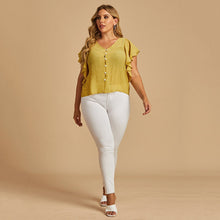 Load image into Gallery viewer, Plus Size Women Summer Fashion Top V Neck Button Up Butterfly Short Sleeve Blouses Femme Yellow XL XXL XXXL 4XL