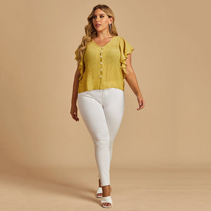 Plus Size Women Summer Fashion Top V Neck Button Up Butterfly Short Sleeve Blouses Femme Yellow XL XXL XXXL 4XL