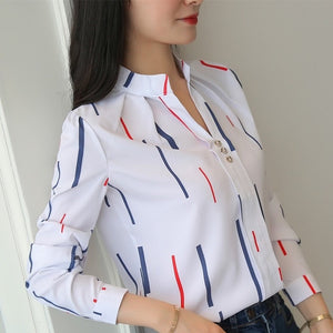 Plus Size Women White Tops and Blouses Fashion Stripe Print Casual Long Sleeve Office Lady Work Shirts Female Slim Blusas