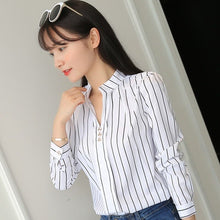 Load image into Gallery viewer, Plus Size Women White Tops and Blouses Fashion Stripe Print Casual Long Sleeve Office Lady Work Shirts Female Slim Blusas