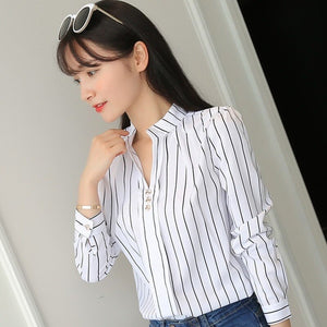 Plus Size Women White Tops and Blouses Fashion Stripe Print Casual Long Sleeve Office Lady Work Shirts Female Slim Blusas