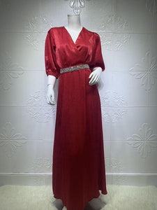 Plus Size Women's Diamond Belt Puff Sleeve Dress Evening Dress Turkish Long Muslim Robe Abaya Kimono Jalabiya Dress Dubai