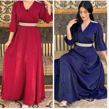 Load image into Gallery viewer, Plus Size Women&#39;s Diamond Belt Puff Sleeve Dress Evening Dress Turkish Long Muslim Robe Abaya Kimono Jalabiya Dress Dubai