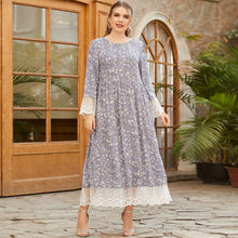 Load image into Gallery viewer, Plus Size Women&#39;s Round Neck Long-sleeved Fashion Printed Lace Front Swing Dress Muslim Woman Kimono Moroccan Woman Clothes