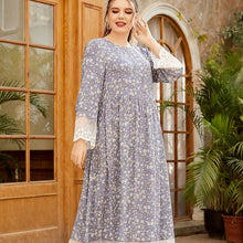 Load image into Gallery viewer, Plus Size Women&#39;s Round Neck Long-sleeved Fashion Printed Lace Front Swing Dress Muslim Woman Kimono Moroccan Woman Clothes