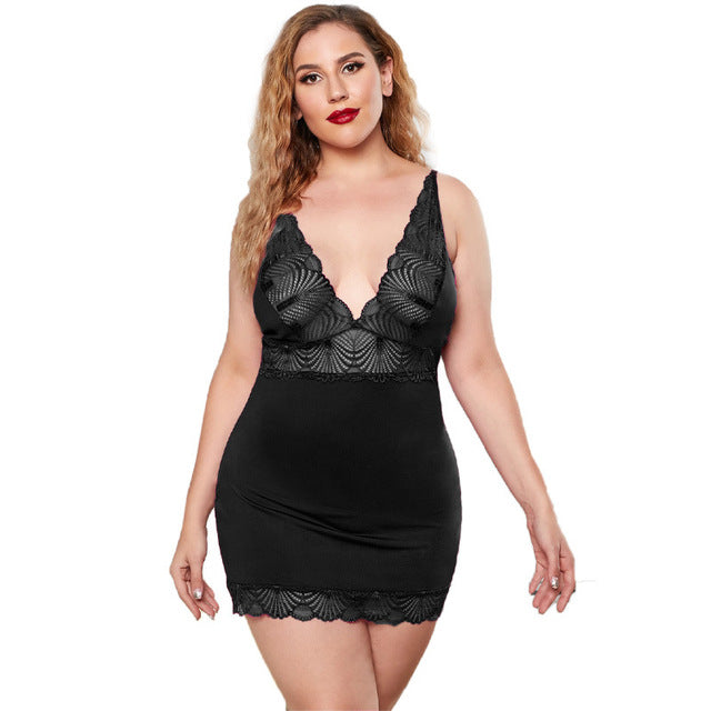 Plus Size XL-5XL Nightgown For Women Sexy Nightdress Lace Elastic Underwear Femme Sleepwear Summer V-neck Lingerie Slip Dress