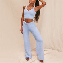 Load image into Gallery viewer, Plush Fluffy Two Piece Set Women Lounge Wear Autumn Clothes Sleeveless Tank Top Wide Leg Pants Suit Fashion Women&#39;s Sets Outfits