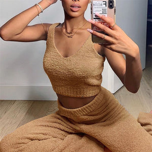 Plush Fluffy Two Piece Set Women Lounge Wear Autumn Clothes Sleeveless Tank Top Wide Leg Pants Suit Fashion Women's Sets Outfits