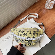 Load image into Gallery viewer, Pochete feminina com corrente, bolsa de cintura com estampa grafite, luxuosa bolsa de cintura com alça de ombro crossbody de alt