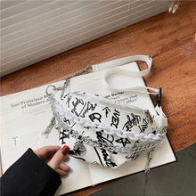 Load image into Gallery viewer, Pochete feminina com corrente, bolsa de cintura com estampa grafite, luxuosa bolsa de cintura com alça de ombro crossbody de alt