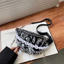 Load image into Gallery viewer, Pochete feminina com corrente, bolsa de cintura com estampa grafite, luxuosa bolsa de cintura com alça de ombro crossbody de alt