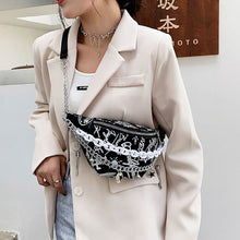 Load image into Gallery viewer, Pochete feminina com corrente, bolsa de cintura com estampa grafite, luxuosa bolsa de cintura com alça de ombro crossbody de alt