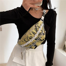 Load image into Gallery viewer, Pochete feminina com corrente, bolsa de cintura com estampa grafite, luxuosa bolsa de cintura com alça de ombro crossbody de alt