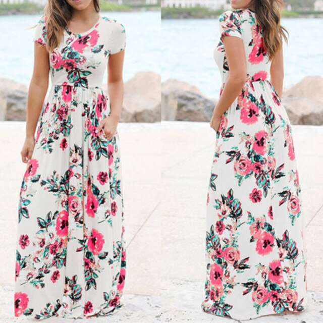Pocket Tunic Maxi 2019 Summer Long Dress Floral Print Boho Beach Dress Women Evening Party Dress Sundress Vestidos De Festa XXL