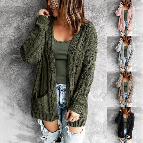 Pocket long twist knit cardigan jacket for fall/winter 2021 new European and American sweater women
