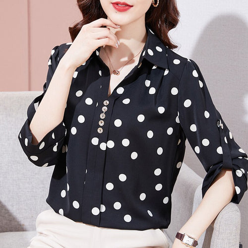 Polka Dot Chiffon Shirt Ladies 2021 New Autumn 3/4 Sleeve Women Blouse Shirt Elegant Loose Plus Size Office Lady Shirt