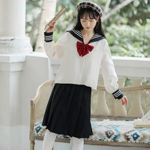 Load image into Gallery viewer, Preppy Style Girl Jk Set Sweet Cute Japanese Mujer Bow Navy Collar Top+Black Pleated Skirt Female Korean Student Uniform Outfits