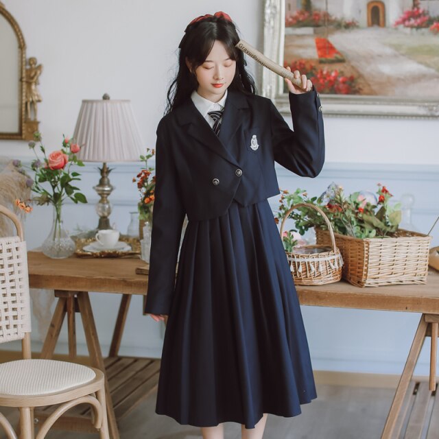 Preppy Style JK Sling Dress Suit Female Fall Striped Tie Lapel White Shirt Lady+Square Collar Retro Pleated Dress Set ropa mujer