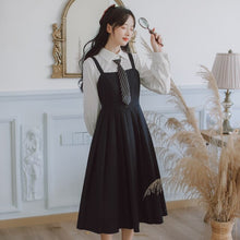 Load image into Gallery viewer, Preppy Style JK Sling Dress Suit Female Fall Striped Tie Lapel White Shirt Lady+Square Collar Retro Pleated Dress Set ropa mujer