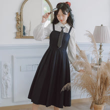 Load image into Gallery viewer, Preppy Style JK Sling Dress Suit Female Fall Striped Tie Lapel White Shirt Lady+Square Collar Retro Pleated Dress Set ropa mujer