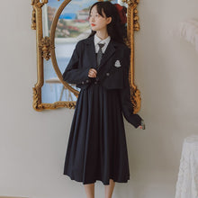 Load image into Gallery viewer, Preppy Style JK Sling Dress Suit Female Fall Striped Tie Lapel White Shirt Lady+Square Collar Retro Pleated Dress Set ropa mujer