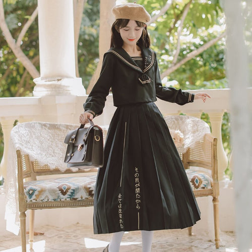 Preppy Style JK Uniform Suit AutumnJapanese Sweet Cute Set Female Bow Tie Navy Collar Crop Top+Embroidered Pleated Skirt Outfits