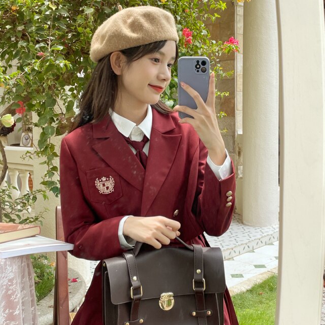 Preppy Style Pleated Strap Dress 2 Piece Set Women Outfits Suit Collar Long Sleeve Crop Coat+Pleated Skirt Korean Uniform Set