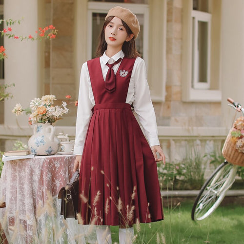 Preppy Style Pleated Strap Dress 2 Piece Set Women Outfits Suit Collar Long Sleeve Crop Coat+Pleated Skirt Korean Uniform Set