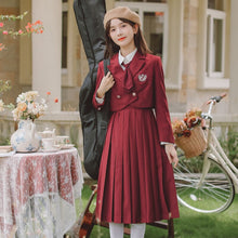 Load image into Gallery viewer, Preppy Style Pleated Strap Dress 2 Piece Set Women Outfits Suit Collar Long Sleeve Crop Coat+Pleated Skirt Korean Uniform Set