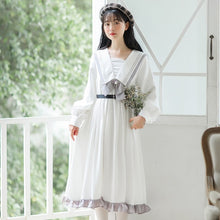 Load image into Gallery viewer, Preppy Style Retro Girl Navy Collar Dress Lovely Female 2021 Autumn Ruffle Stitching Bow Cute Kawaii Dress Vestidos With Belt