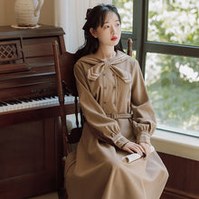 Load image into Gallery viewer, Preppy Style Sweet Cute Dress Women&#39;s Mori Bow Tie Cross Neckline Design Sense Retro Literary Autumn Kawaii Dress Vestido Midi