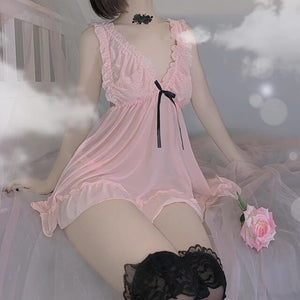 Princess Dress Sweet French Lace Chiffon Women's Sleepwear Suspender Nightdress Plus Size Lingere Sexy Transparent Underwear