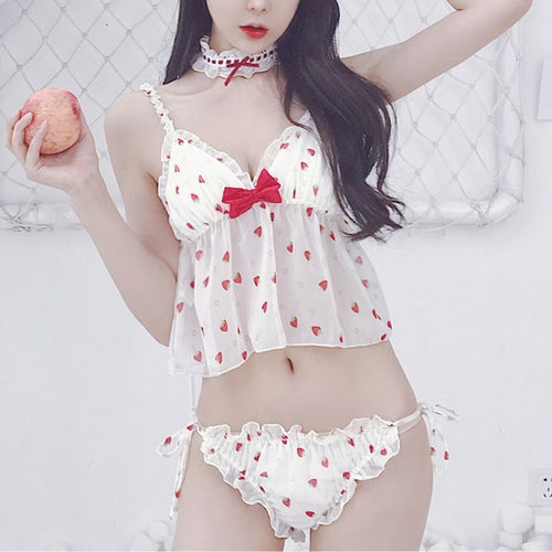 Princess Lovely Pajama Set Female Sexy Lingerie Deep V Bow Pajamas Japanese Homewear Tops Panties Necklace Pajamas for Women
