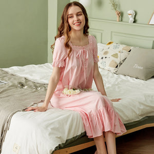 Princess Short Sleeve Nightgowns Pink Long Nightdress Loose Cotton Sleepshirts Retro Sleep Tops Women Sleepwear Night Dress Sexy