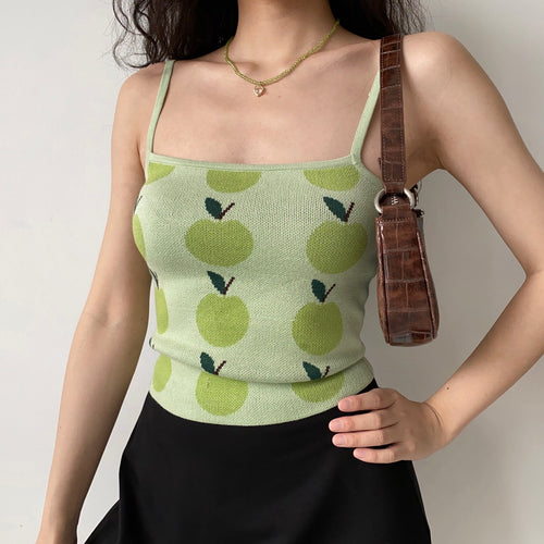 Print Apple Sleeveless Sexy Cami Top Women Y2K Aesthetic Backless Spaghetti Strap Ribbed Knit Crop Top Party Camisole Summer