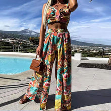 Load image into Gallery viewer, Print Boho Women&#39;s 2 Piece Suits Summer Spaghetti Strap Crop Tops Female Split Wide Leg Pant Set 2021 Sexy Beach Vacation Suit