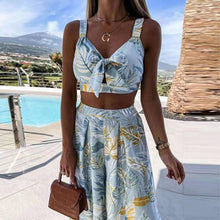 Load image into Gallery viewer, Print Boho Women&#39;s 2 Piece Suits Summer Spaghetti Strap Crop Tops Female Split Wide Leg Pant Set 2021 Sexy Beach Vacation Suit