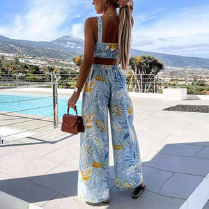 Print Boho Women's 2 Piece Suits Summer Spaghetti Strap Crop Tops Female Split Wide Leg Pant Set 2021 Sexy Beach Vacation Suit