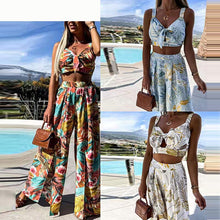 Load image into Gallery viewer, Print Boho Women&#39;s 2 Piece Suits Summer Spaghetti Strap Crop Tops Female Split Wide Leg Pant Set 2021 Sexy Beach Vacation Suit