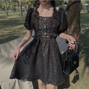 Print France Vintage Elegant Dress Women Black Evening Party Dress Summer 2021 Cut Out High Street Korean Chic Clothing Bohemian