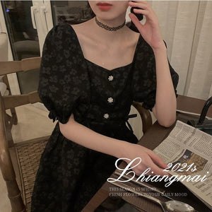 Print France Vintage Elegant Dress Women Black Evening Party Dress Summer 2021 Cut Out High Street Korean Chic Clothing Bohemian