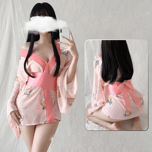 Print Silk Japanese Kimono Dress Cosplay For Women Sleepwear Uniform Robe Floral Bathrobe Sexy Pajamas