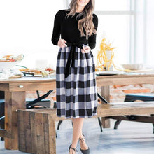 Load image into Gallery viewer, Print Splice O Neck Midi Dress High Waist Women Casual Dress Belted Splicing Spring Autumn Elegant Ladies Long Dresses Vestidos