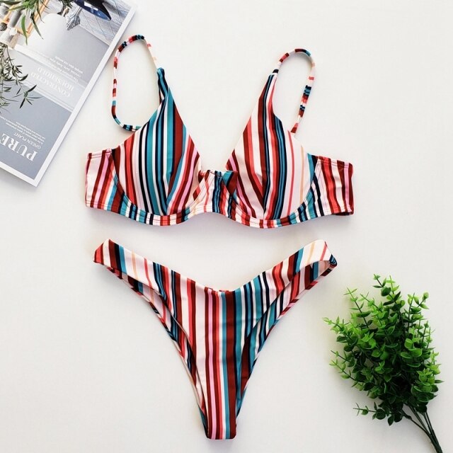 Print Striped Bikini Set 2 Piece/Set Bikini Top And Shorts Bathing Suit Women Sexy Padded Swimwear Swimsuit Shorts Set