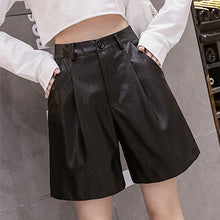Load image into Gallery viewer, Pu Leather Women Shorts Button Quality Wide Leg Faux Leather Shorts England Style High Waist Loose Shorts Femme Womens Clothing