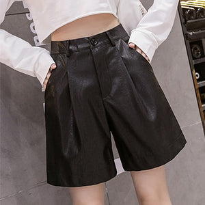 Pu Leather Women Shorts Button Quality Wide Leg Faux Leather Shorts England Style High Waist Loose Shorts Femme Womens Clothing