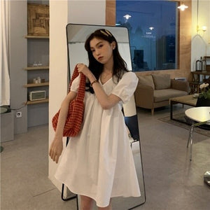 Puff Short Sleeve Solid Color and V-neck Dress Female Small Student Sweet First Love A- line Girl's Dress 2021summer Dress
