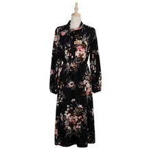 Load image into Gallery viewer, Puff Sleeve Autumn Winter Floral Dress Women Casual Bow Stand Collar High Wasit Long Sleeve Dress 2021 New