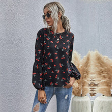 Load image into Gallery viewer, Puff Sleeve Blouse Top Women Spring Summer Casual O Neck Shirt Cherry Pattern Print Blouse For Women 2021 New