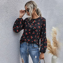 Load image into Gallery viewer, Puff Sleeve Blouse Top Women Spring Summer Casual O Neck Shirt Cherry Pattern Print Blouse For Women 2021 New